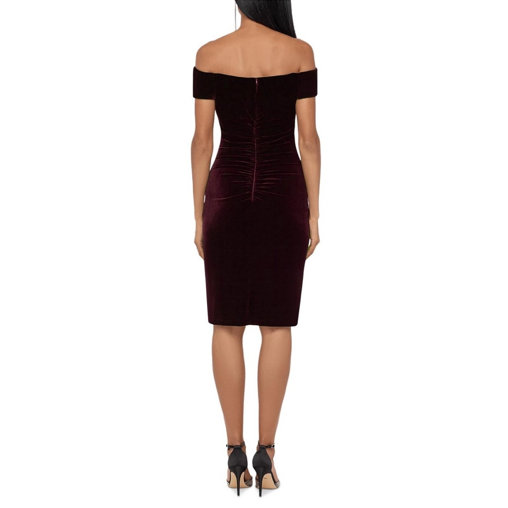 X BY XSCAPE Plum Off the Shoulder Scrunch Back Cocktail Dress 6 - Picture 2 of 9